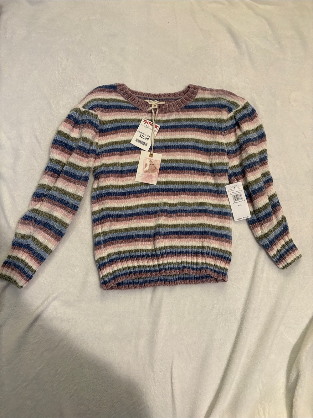 Jessica Simpson Striped Crewneck Sweater in Pink, Blue, Green, Cream, Gray